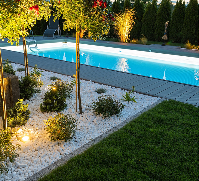 Timber steps and retaining wall with magnolia trees